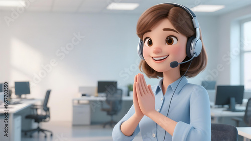 3D cartoon beautiful call center operator greeting with namaste gesture