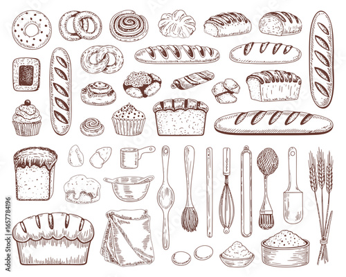 Hand drawn collection of baked goods and baking utensils