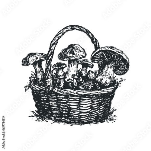 Basket overflowing with sketch mushrooms and foliage