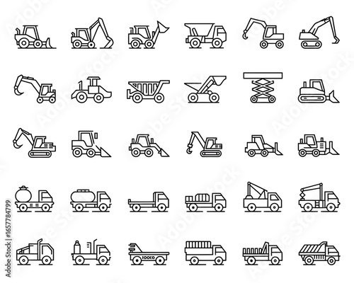 Collection of construction vehicle icons in a clean line art style