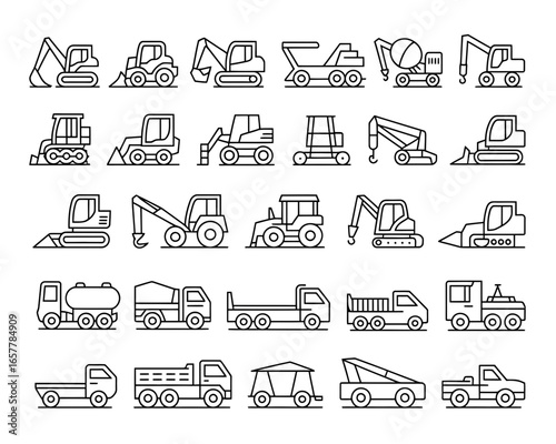 Collection of construction and heavy machinery line art icons