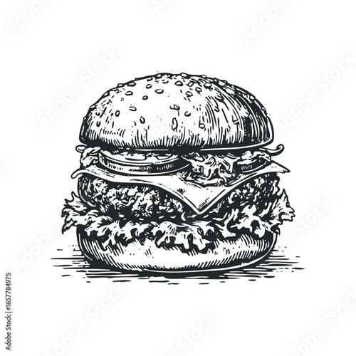 Detailed Ink Drawing of a Classic Hamburger with Toppings