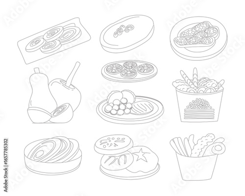 Collection of line art food illustrations featuring fruits vegetables and meals