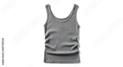 Gray ribbed tank top, simple and plain, laid flat on a white background.