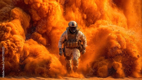 A soldier in combat gear runs through a cloud of intense orange dust and smoke.