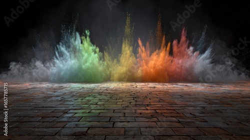 Colorful powder explosions on a stone floor