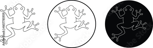 Frog icons set in line styles. Amphibian animal collection and wildlife group. Cute frog silhouette, cartoon frog face, nature symbol, biology, zoology, and green frog vector illustrations.