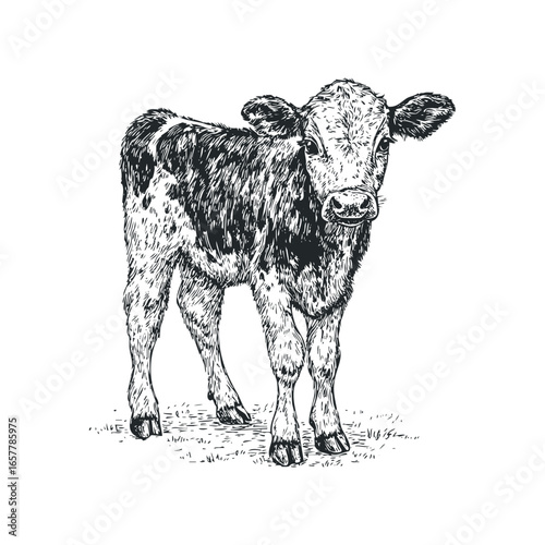 Sketch of a young cow standing on grassy ground