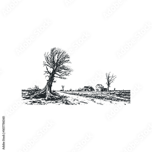 Solitary Leafless Tree and Farmhouses Under Overcast Sky in Monochromatic Style