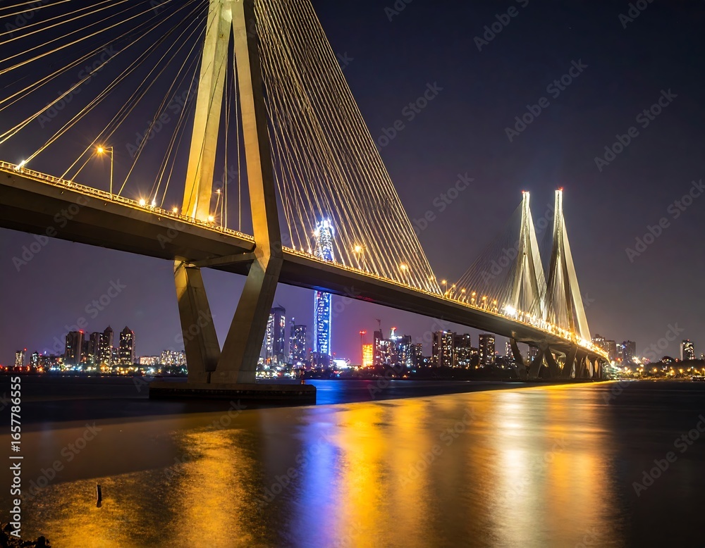 Fototapeta premium Illuminated cable-stayed bridge at night, reflecting in calm water with city skyline in background