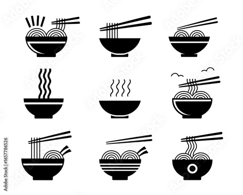 Collection of stylized noodle bowl icons with chopsticks