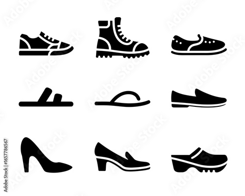 Collection of nine black shoe icons on a white background