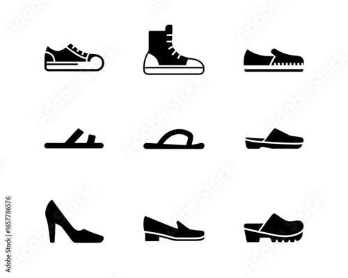 Collection of nine different shoe icons in black and white