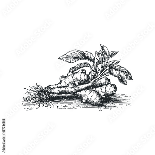 Hand-drawn linocut of fresh ginger root with leaves and fibrous roots