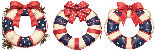 Coastal Nautical Christmas. Three decorative wreaths featuring red, white, and blue designs with various ribbons and festive embellishments.