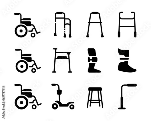 Collection of medical mobility aids and assistive devices icons