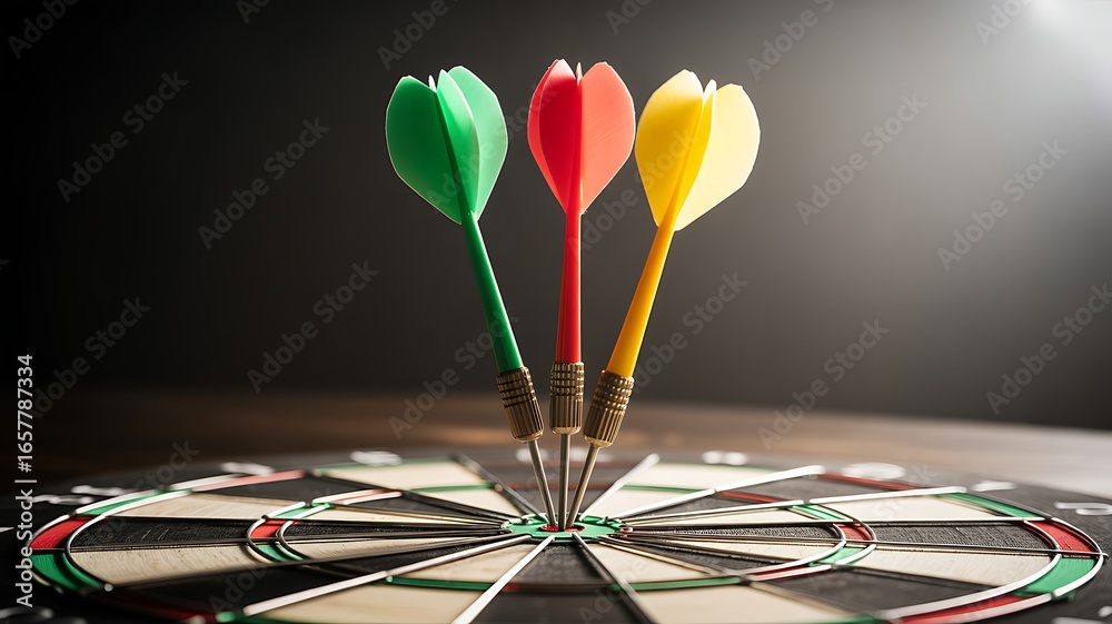 Fototapeta premium Three Colorful Darts Perfectly Hit the Bulls Eye on Dartboard Representing Success and Precision in Business and Strategy