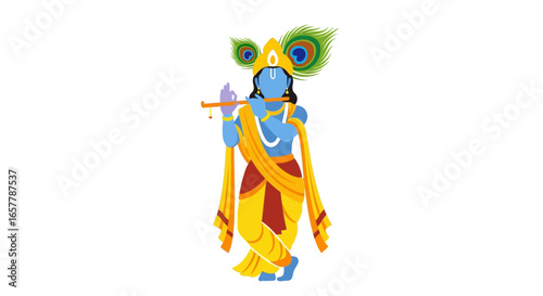 Minimalist Depiction Lord Krishna Playing Flute with Peacock Feather Illustration