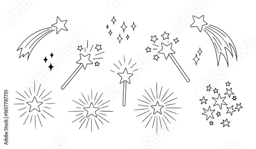 Magical stars and sparkling wand line art collection with decorative elements