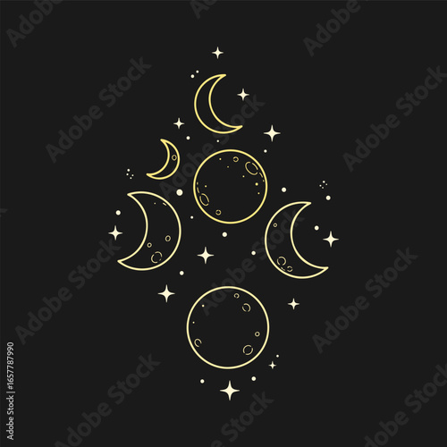 Elegant moon phases celestial illustration with stars and cosmic night sky design