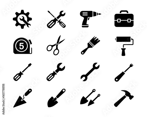 Collection of black and white icons representing various tools and repair equipment