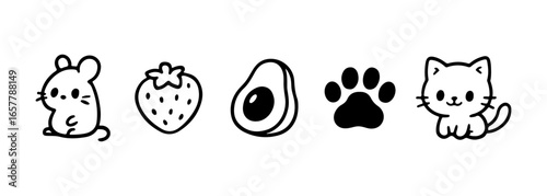 Cute doodle icons of animals fruits and food in simple style