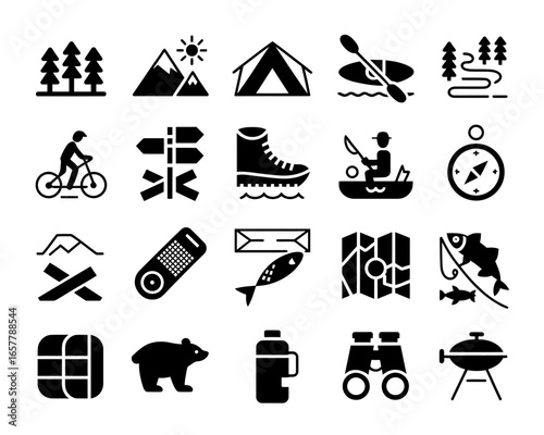Outdoor adventure and camping icons set