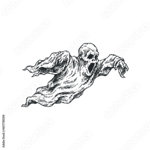 Vintage Style Screaming Ghost with Bony Hands Reaching Out