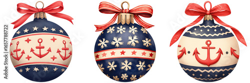 Coastal Nautical Christmas. Decorative Christmas ornaments featuring anchor motifs, snowflakes, and ribbons in a festive color scheme of red, white, and blue.
