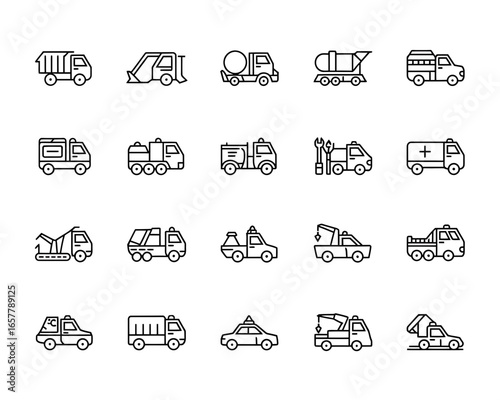 Collection of various service and utility vehicle line art icons