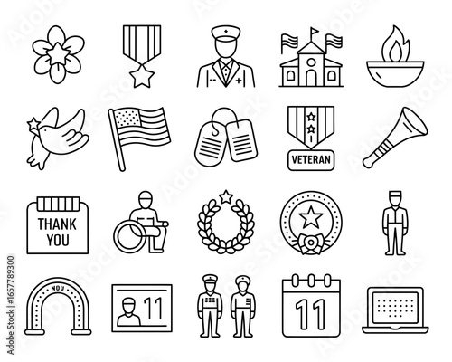 Veterans day icons set honoring military service and sacrifice