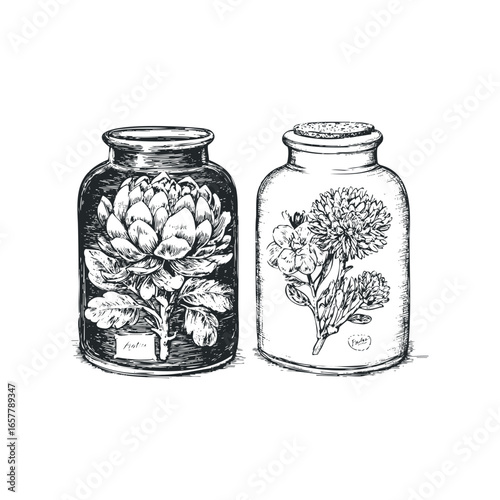 Vintage botanical specimen jars with detailed floral illustrations