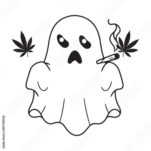 Spooky cartoon ghost smoking a joint with marijuana leaves and smoke scary halloween