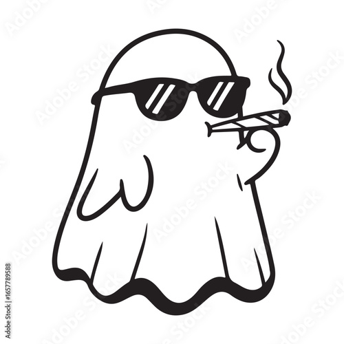 Cartoon ghost wearing sunglasses holding a lit cigarette in its mouth character halloween