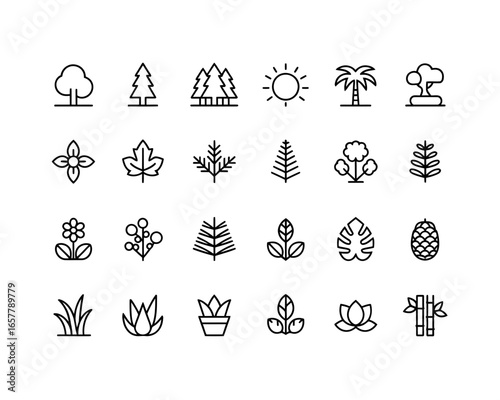 Collection of nature and plant icons in outline style