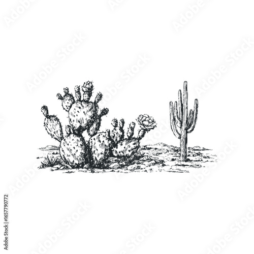 Pencil sketch of prickly pear and saguaro cacti in a desert landscape