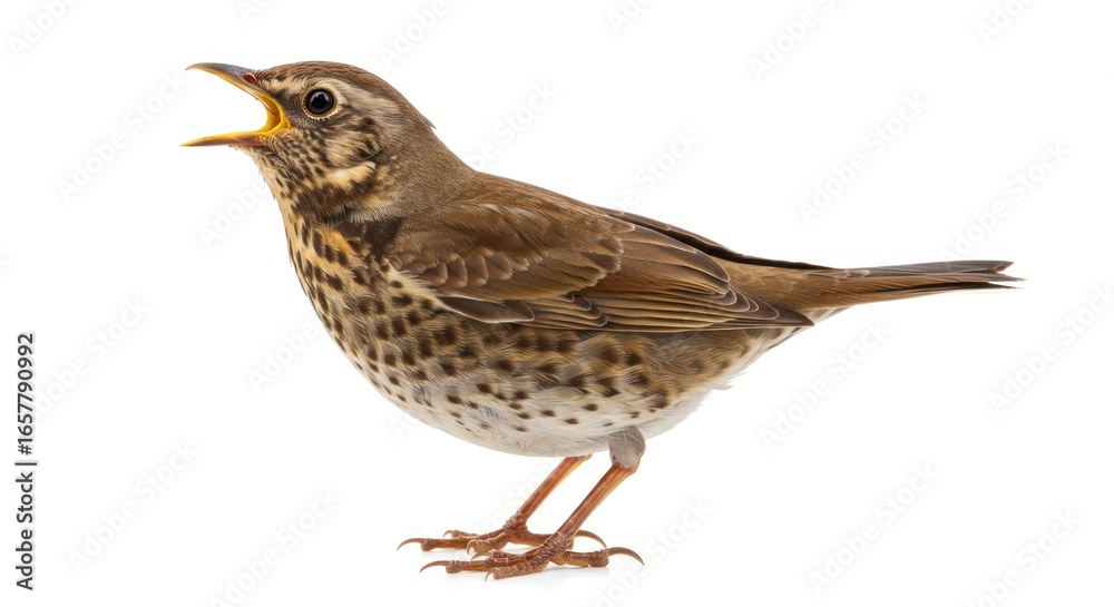 Fototapeta premium A song thrush with its beak open showing its throat