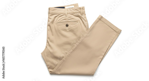 A pair of neatly folded beige chinos, showcasing details like pockets and seams, isolated on white.
