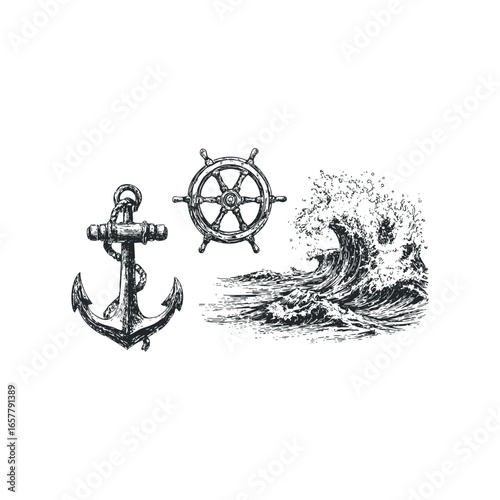 Nautical Anchor and Steering Wheel with Ocean Wave Sketch