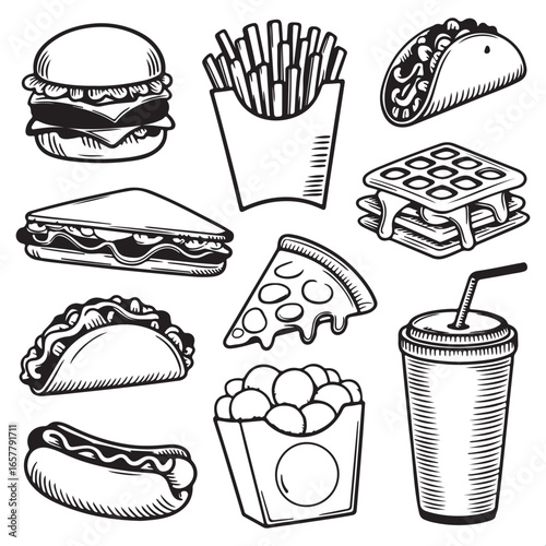 Variety of fast food items in a hand drawn sketch style