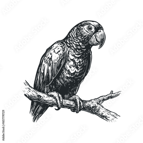 Detailed woodcut engraving of a parrot perched on a branch