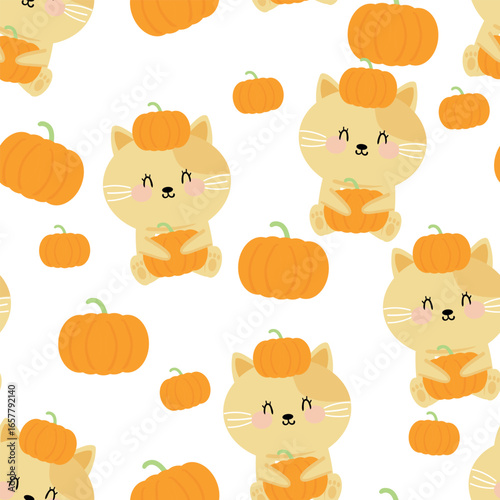 Wallpaper Mural Seamless pattern cartoon cute cat and pumpkin with autumn vibes. cute autumn fall wallpaper for fabric print, gift wrapper Torontodigital.ca