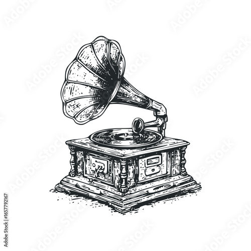 Antique Gramophone with Horn and Record Sketch