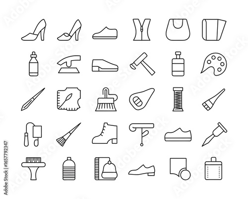 Collection of shoe repair and crafting tools and materials