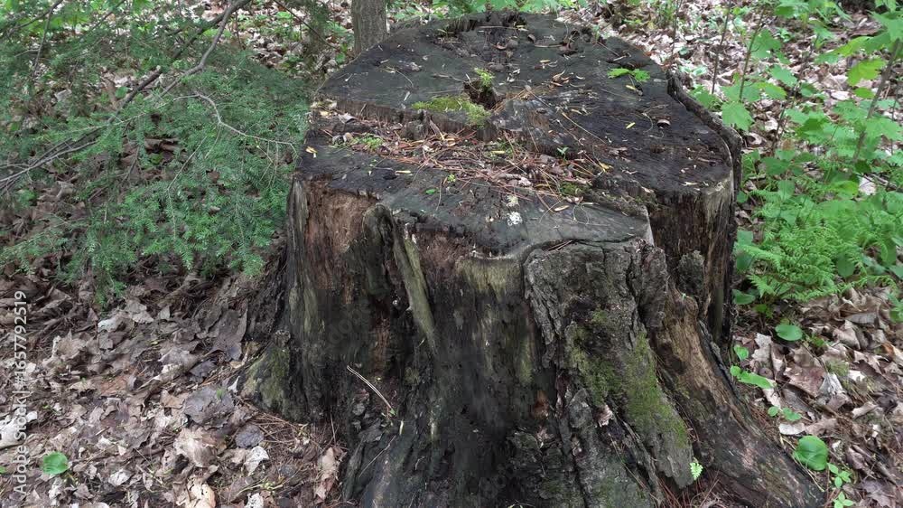 A cut tree trunk in close-up view with a bit of vegetation around it. On the ground, a few dead leaves from the previous season can be seen. A cut tree trunk in close-up view with a bit of vegetation around it. On the ground, a few dead leaves from the previous season can be seen.