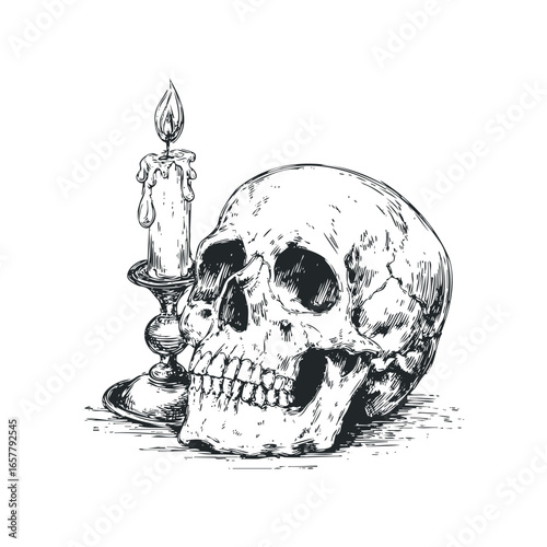 Hand-drawn human skull and dripping candle on a stand
