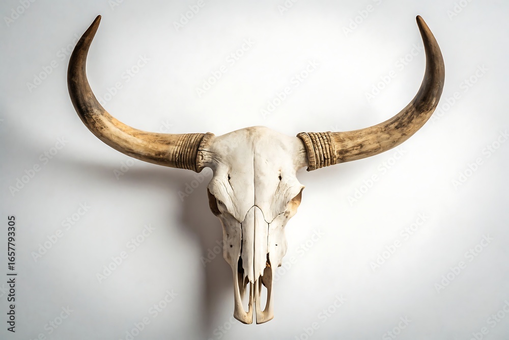 Fototapeta premium Isolated bull skull with horns on white background, studio shot