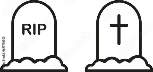 Grave tombstone icons set in line styles. Headstone collection and cemetery group. RIP symbol, burial monument, funeral memorial, gothic graveyard illustration, death and religion vector.