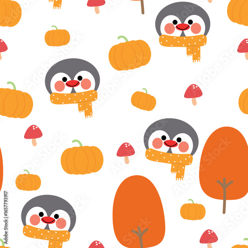 Wallpaper Mural Seamless pattern cartoon penguin with autumn vibes. cute autumn fall wallpaper for fabric print, gift wrapper Torontodigital.ca