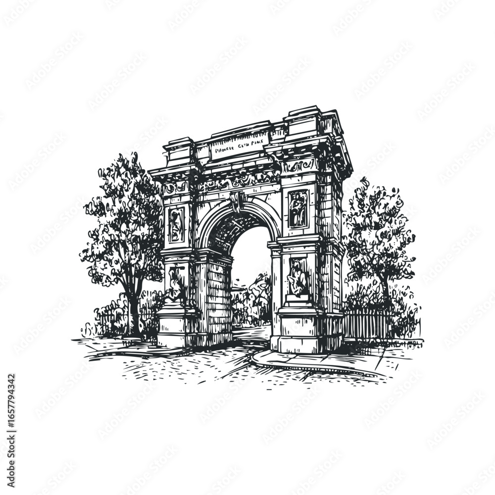Fototapeta premium Ornate Stone Archway with Trees and Detailing